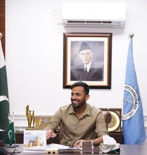 Test Cricketer Wahab Riaz in his office as advisor Sports and youth affairs